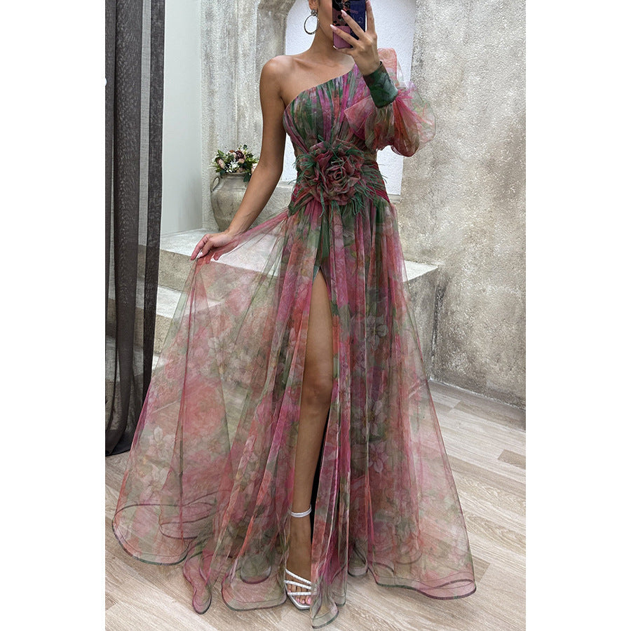 New Party Mesh Slanted Shoulder Dress INS Casual And Fashionable Women's Long Skirt GlamzKart