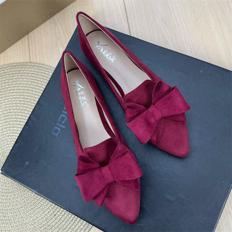 Women's Versatile Solid Color Bow Pointed Flat Shoes Wine Red GlamzKart
