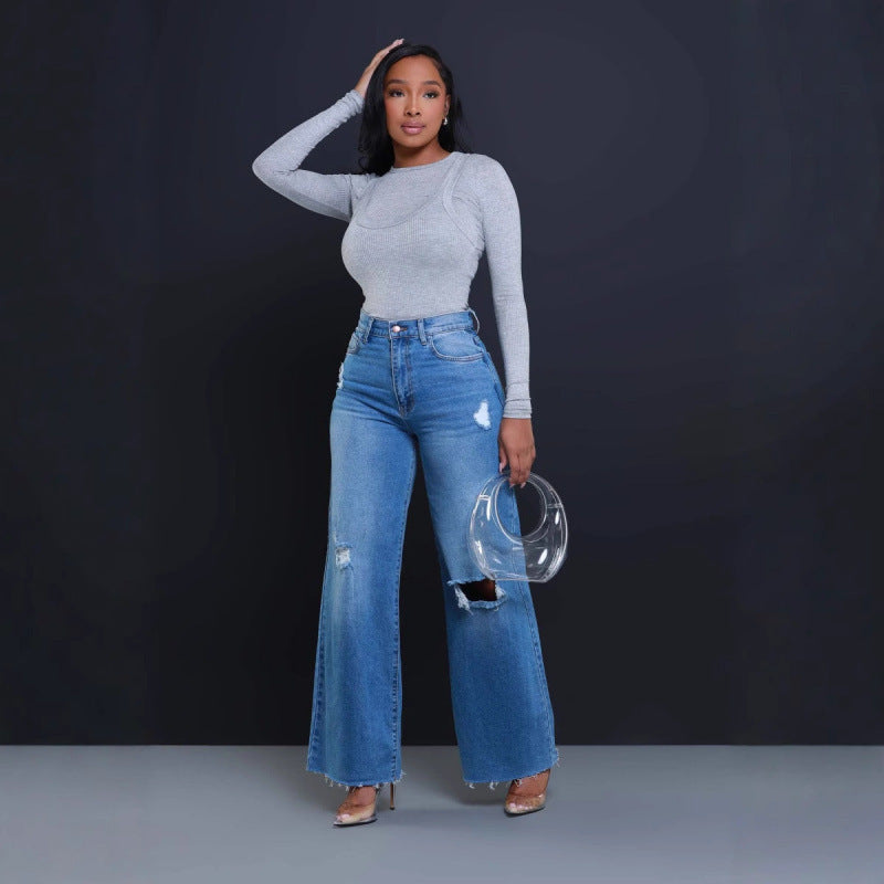 Women's Ripped High Waist Loose Straight Wide Leg Jeans GlamzKart