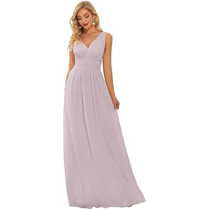 Women's Elegant Graceful Deep V-neck Sleeveless Chiffon Formal Maxi Evening Dress Lilac GlamzKart