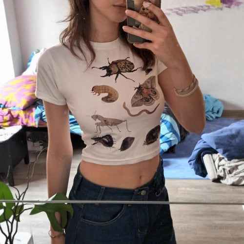 Female Casual Insect Print Midriff-baring Short Sleeve