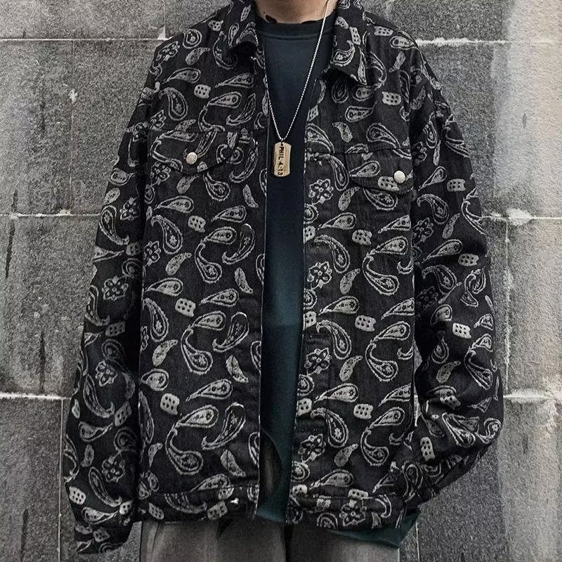 Spring And Autumn Black Jacquard Plaid Denim Jacket Black GlamzKart