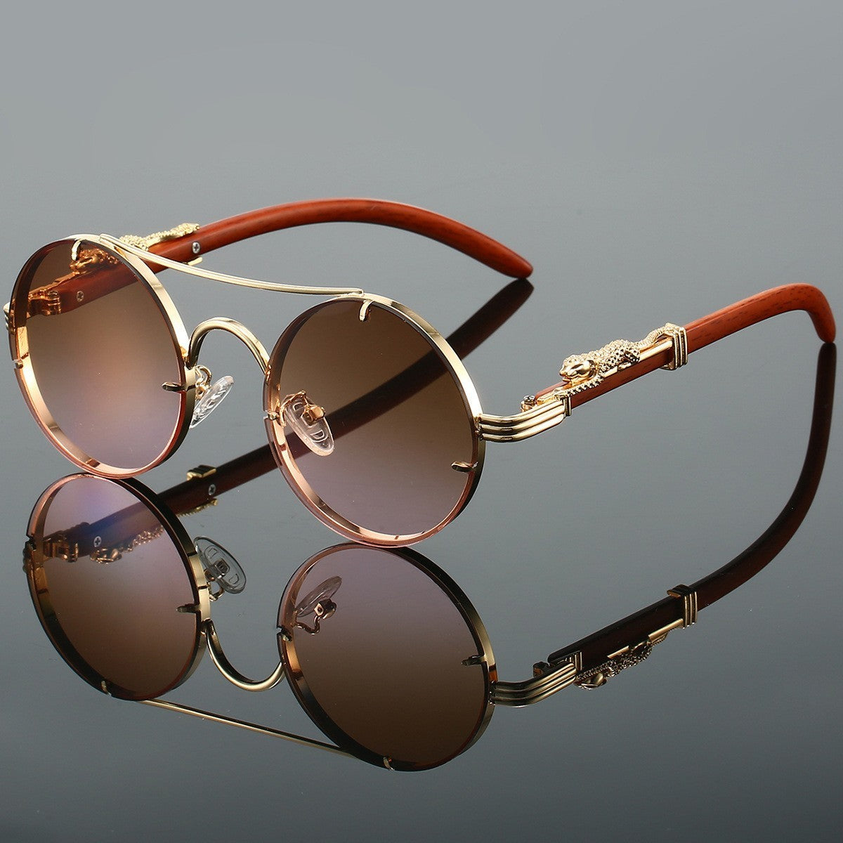 Retro Double Beam Leopard Head Sunglasses Golden Frame Gradually Dried GlamzKart