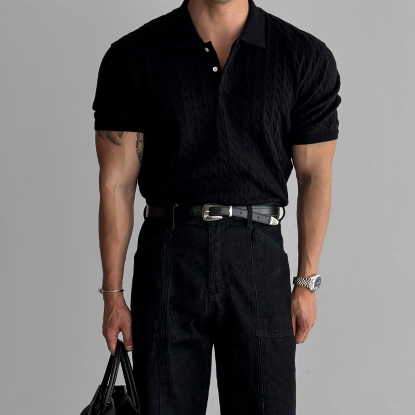 American Retro Hemp Pattern Lapel Men's T-shirt Black GlamzKart