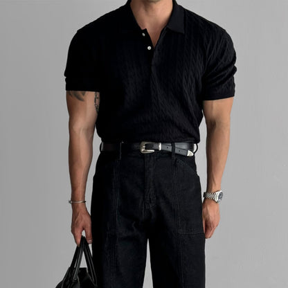 American Retro Hemp Pattern Lapel Men's T-shirt Black GlamzKart
