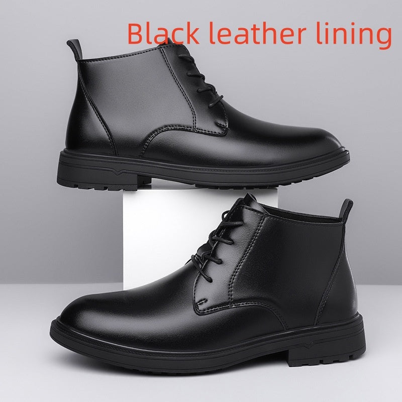 Retro Lace Up Denim Trendy Mid-length Warm Non-slip Men's Martin Boots Black Leather Lining GlamzKart