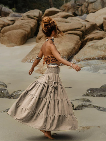 Casual Women Bohemian Loose Solid Skirt Light Khaki GlamzKart