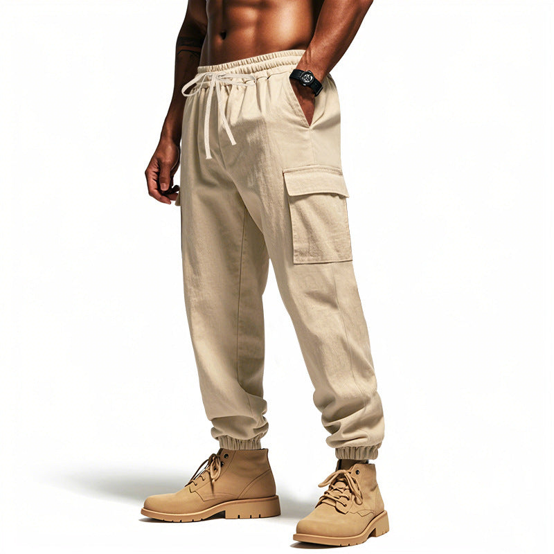 Loose Multi-pocket Workwear Ankle Banded Slacks Khaki GlamzKart
