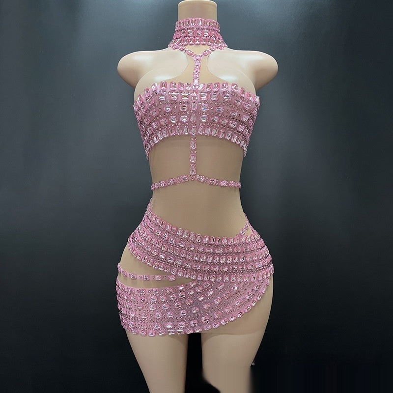 High-end And Fashionable Rhinestone Tube Top Short Skirt Top Vest Pink GlamzKart