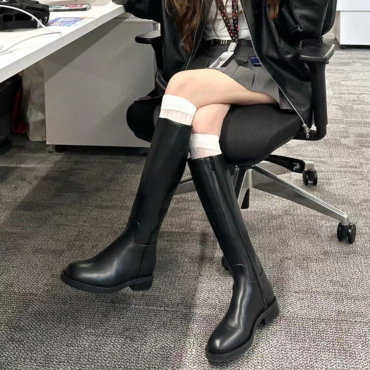 Round Toe Side Zipper Fleece-lined Long Biker Boots Women's Autumn And Winter GlamzKart