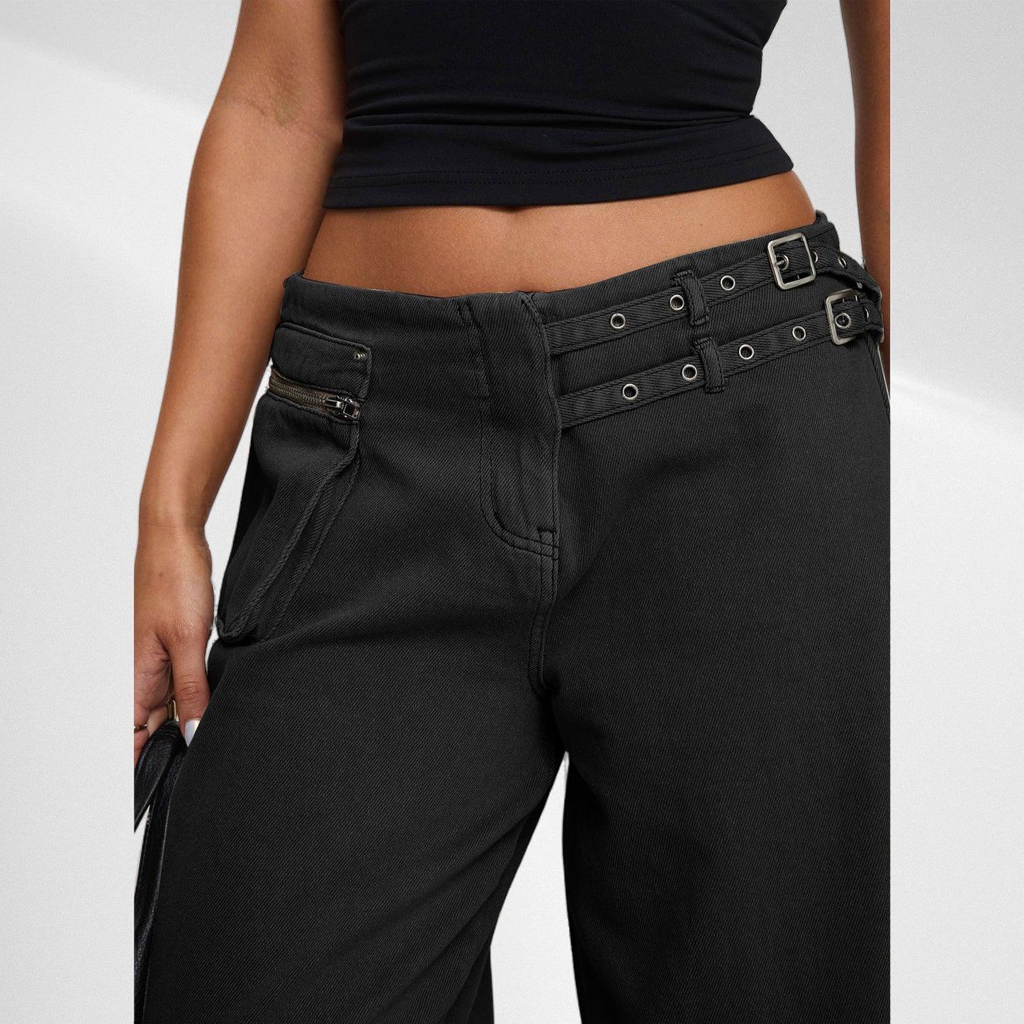 European And American Dark Wide-leg Jeans Personalized Belt Buckle Asymmetric Pocket Drag Sister Out Of The Street Black GlamzKart