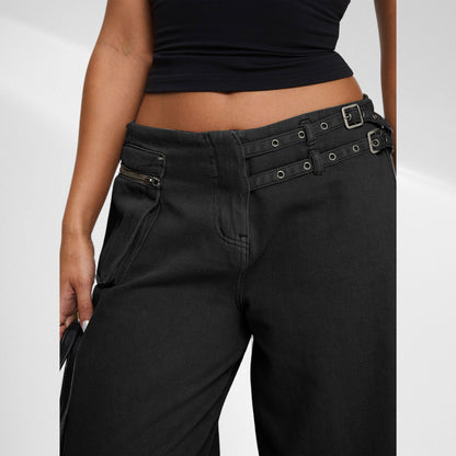 European And American Dark Wide-leg Jeans Personalized Belt Buckle Asymmetric Pocket Drag Sister Out Of The Street Black GlamzKart