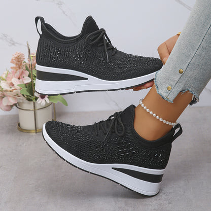 Rhinestone Lace Up Fashion Style Daily Commuter Women's Casual Shoes Black GlamzKart