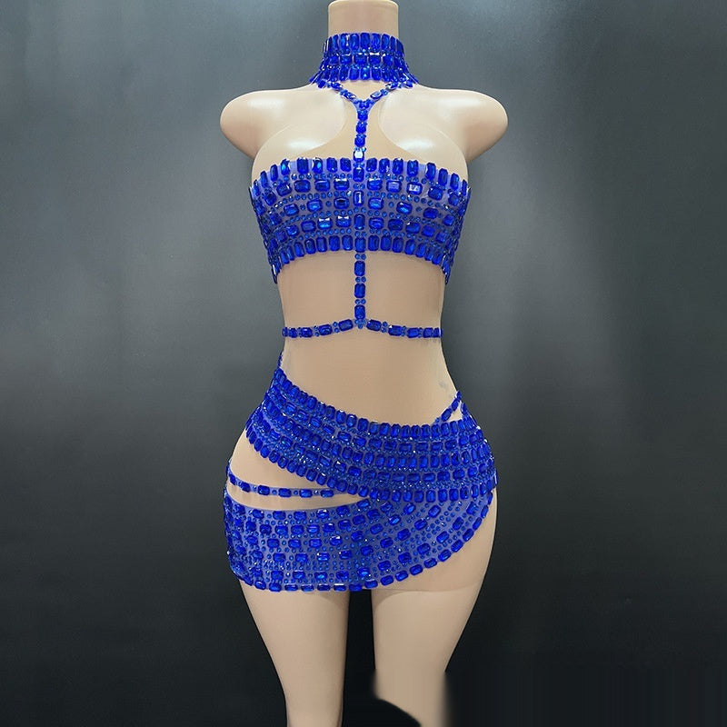 High-end And Fashionable Rhinestone Tube Top Short Skirt Top Vest Blue GlamzKart
