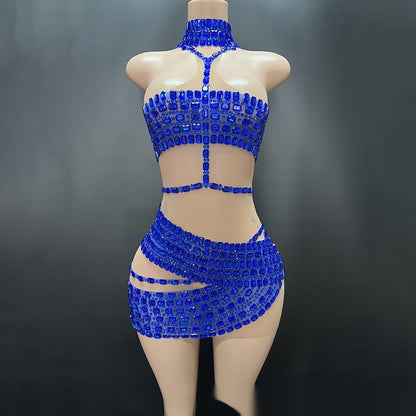 High-end And Fashionable Rhinestone Tube Top Short Skirt Top Vest Blue GlamzKart
