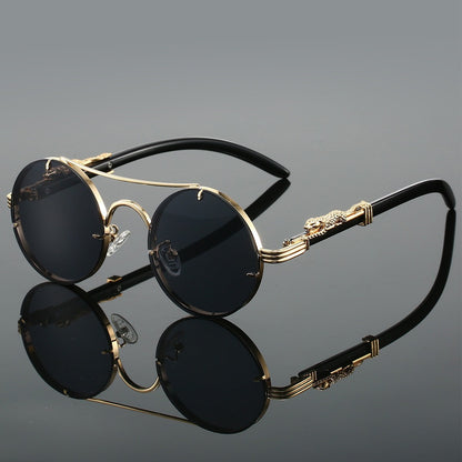 Retro Double Beam Leopard Head Sunglasses Gold Frame Black And Grey Lens GlamzKart