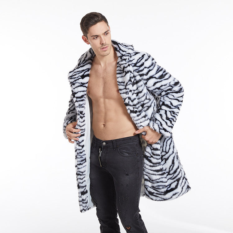 Men's Faux Fur Coat Tiger Pattern Long-cut White Zebra Stripes GlamzKart