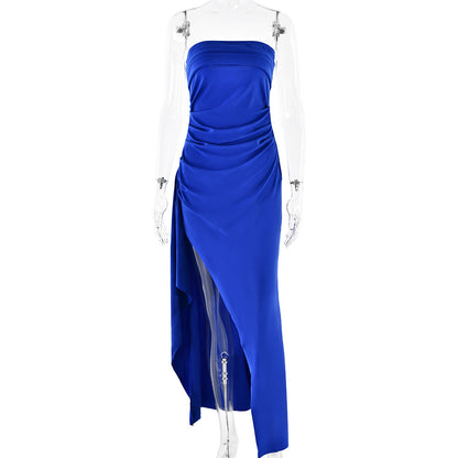 Evening Gown Women's One Neck Strapless Dress Fashionable And Sexy Backless High Slit Long Dress Blue GlamzKart
