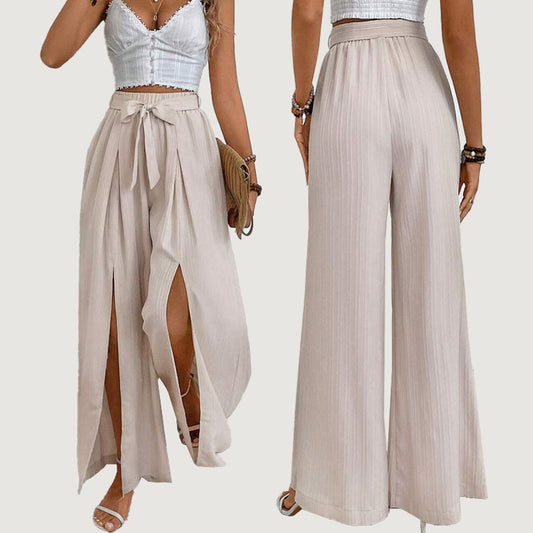 High Waist Wide Leg Women's Fashion Loose Lace-up Slit Casual Pants GlamzKart