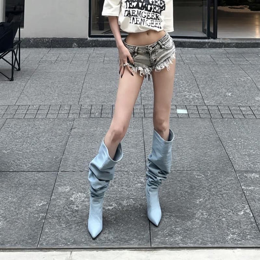 Pointed Toe Women's Stiletto Denim High Heel Below The Knee Boots GlamzKart