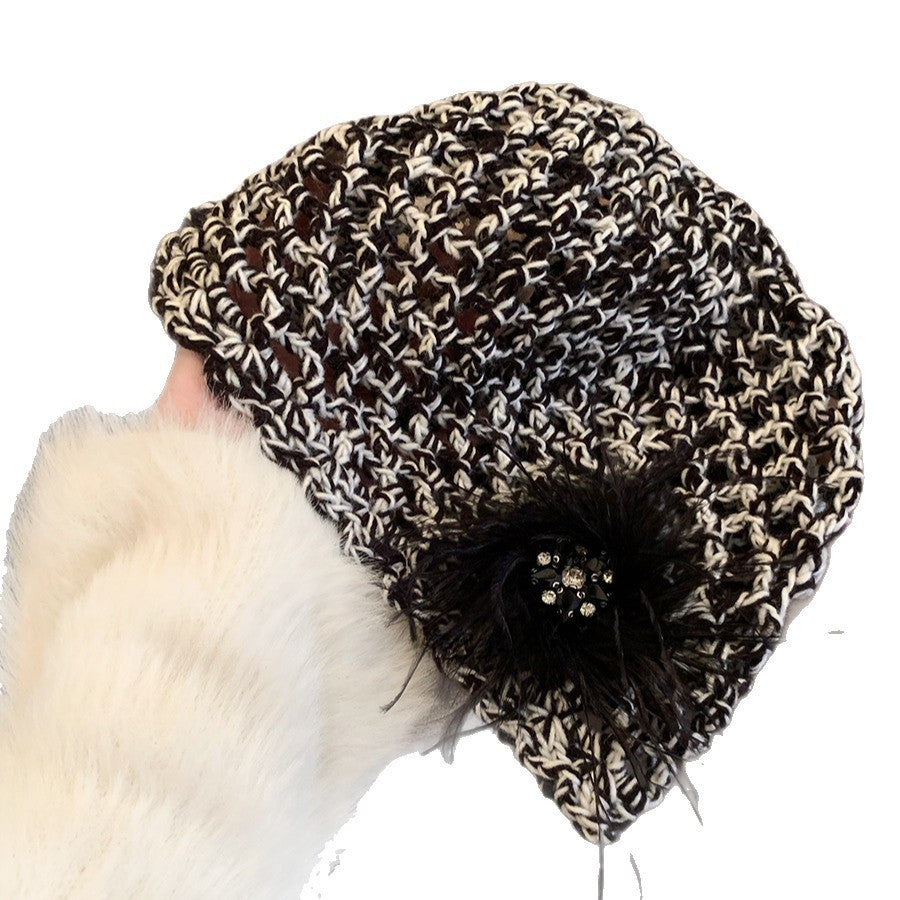 French Retro Black Feather Hand-woven Knitted Hat GlamzKart