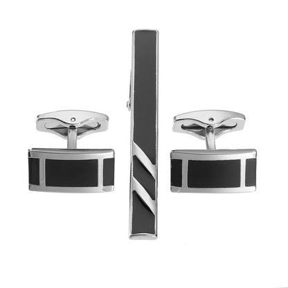 Black Enamel Silver Diagonal Stripes Tie Clip Cuff Buckle Set GlamzKart