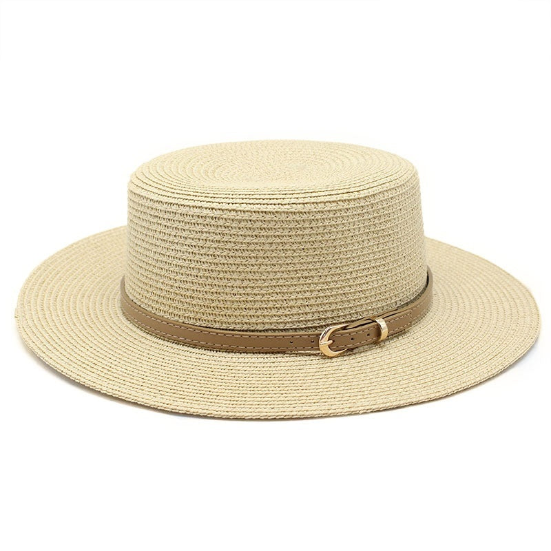 Wide Brim Flat Top Women's Spring And Summer Sun Beach Sun-proof Straw Hat Beige M GlamzKart