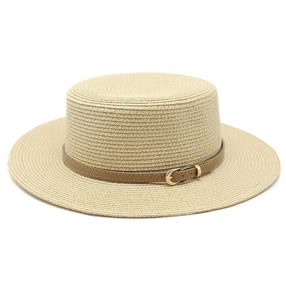 Wide Brim Flat Top Women's Spring And Summer Sun Beach Sun-proof Straw Hat Beige M GlamzKart
