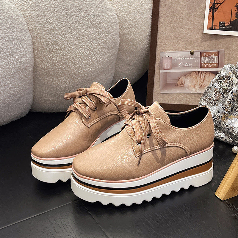 British Style Brogue Lace-up Square Toe Platform Pumps Pink GlamzKart