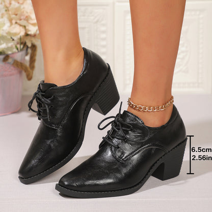 Pointed British Style High Heel Chunky Heel Front Lace-up Low-top Leather Shoes Black GlamzKart