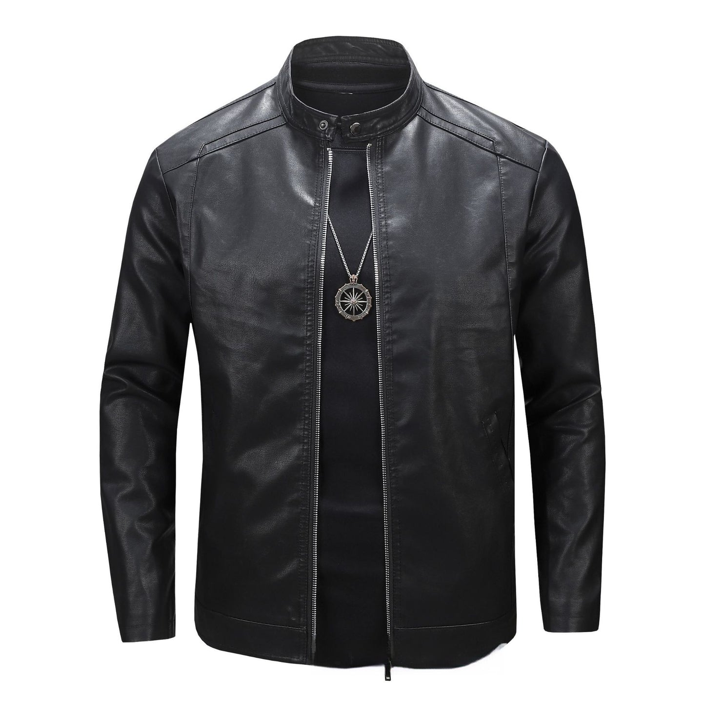 Spring And Autumn Men's Slim Leather Clothing With Stand Collar Jacket Black GlamzKart