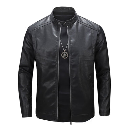 Spring And Autumn Men's Slim Leather Clothing With Stand Collar Jacket Black GlamzKart