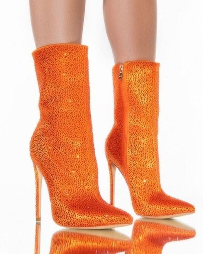 Rhinestone Pointed Toe Fashion Ankle Boots Orange Red GlamzKart