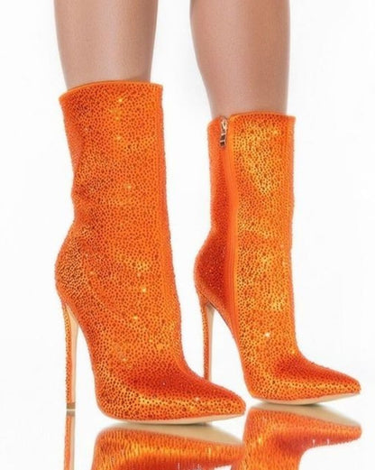 Rhinestone Pointed Toe Fashion Ankle Boots Orange Red GlamzKart