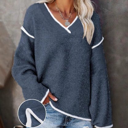 V-neck Color-contrasting Stripe Loose Casual Plus Size Women's Knitted Blouse GlamzKart