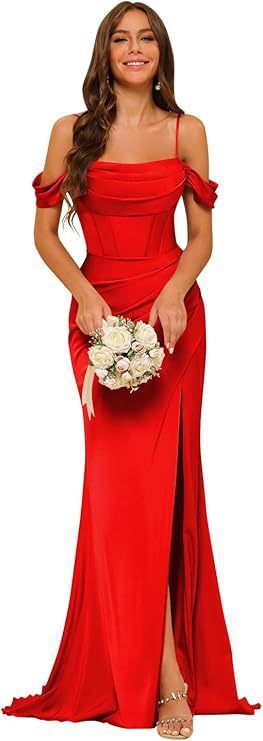 Off-the-shoulder Satin Bridesmaid Corset Ball Gown Red GlamzKart