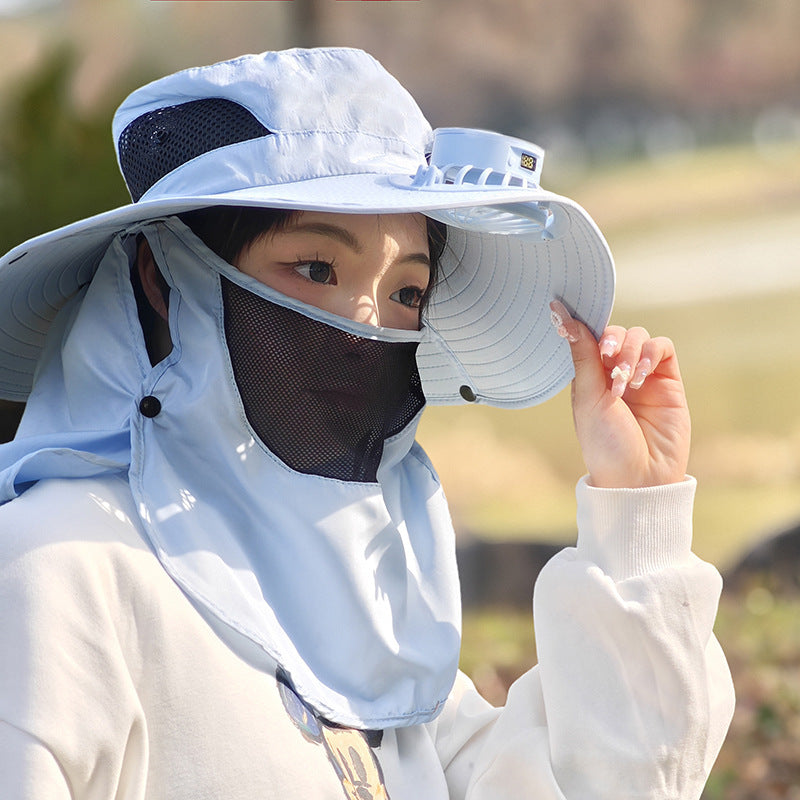 Hat With Fan Men's Fishing Outdoor Sunshade Blue L 58to60cm GlamzKart