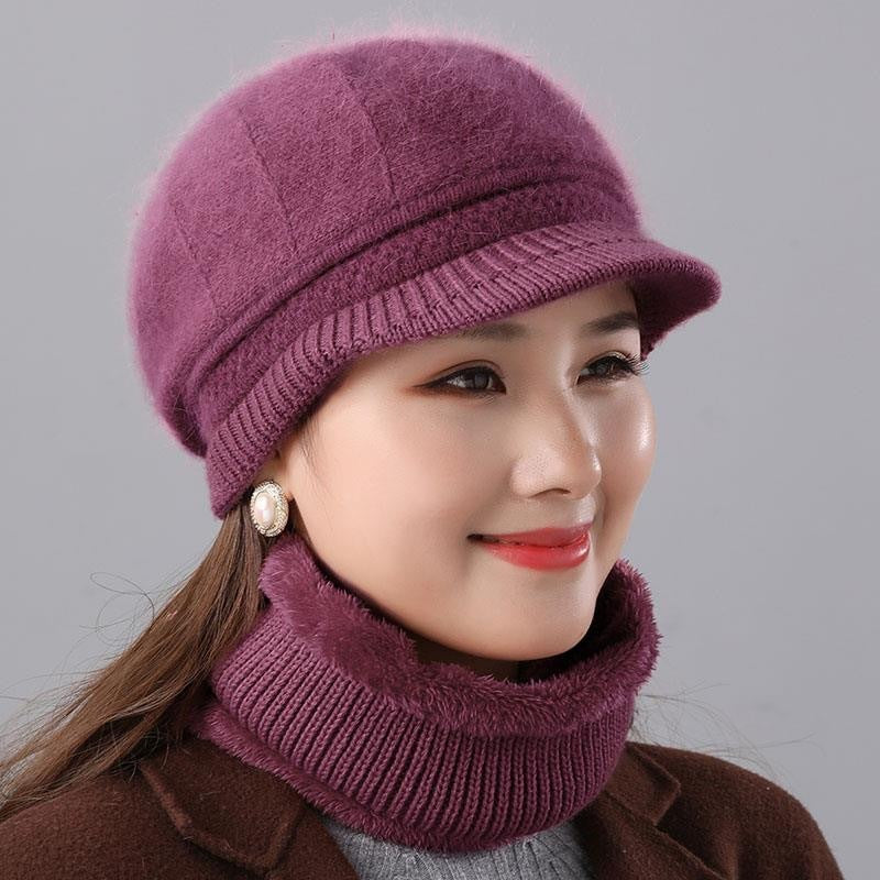 Rabbit Fur Knitted Woolen Cap Women's Autumn Versatile Winter Warm Beanie Hat Purple Leather CAP Hat Scarf GlamzKart