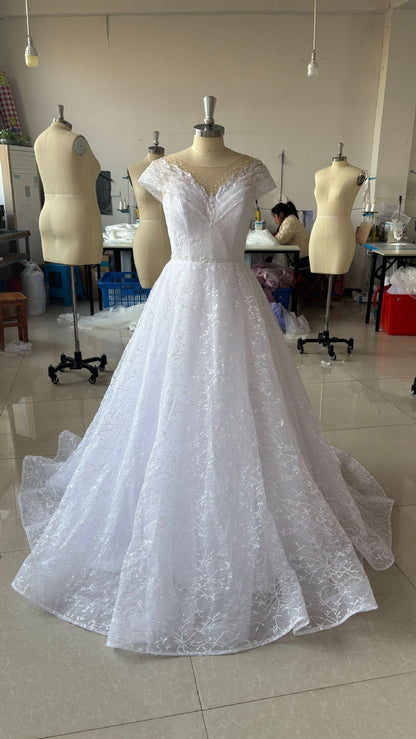 Off-shoulder Light Wedding Dress Bridal Main Yarn Lace Wedding Veil Small Trailing Pure White GlamzKart