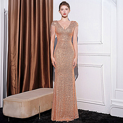 Sequined Slim Fit Slimming Long Dress Women Champagne GlamzKart