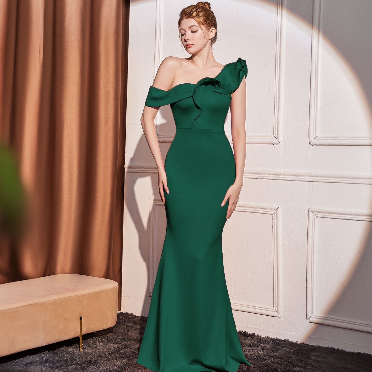 High-end Slant Shoulder Slimming Long Dress Dark Green 18732 GlamzKart