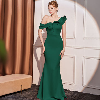 High-end Slant Shoulder Slimming Long Dress Dark Green 18732 GlamzKart