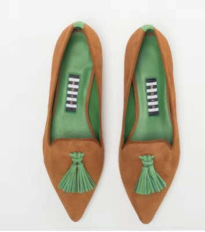 Women's Low-cut Pointed-toe Colorblock Tassel Flat Shoes Brown Green GlamzKart