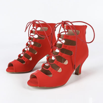 Women's Lace-up Latin Modern Jazz Dance Dance Shoe Red Heel Height 6cm GlamzKart