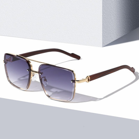 Metal Double Beam Frame Wood Grain Leg Sunglasses GlamzKart