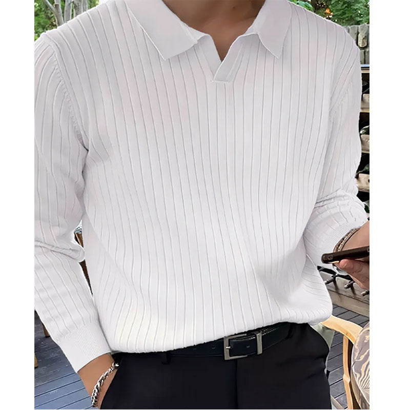 New Men's Lapel Knitted Long-sleeved T-shirt White GlamzKart