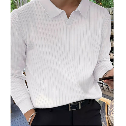 New Men's Lapel Knitted Long-sleeved T-shirt White GlamzKart