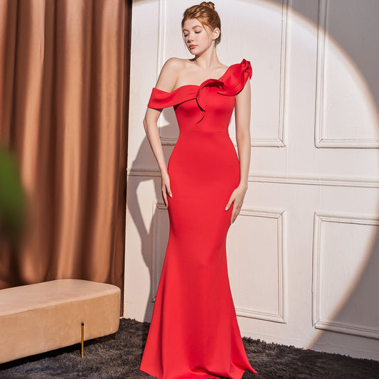 High-end Slant Shoulder Slimming Long Dress GlamzKart