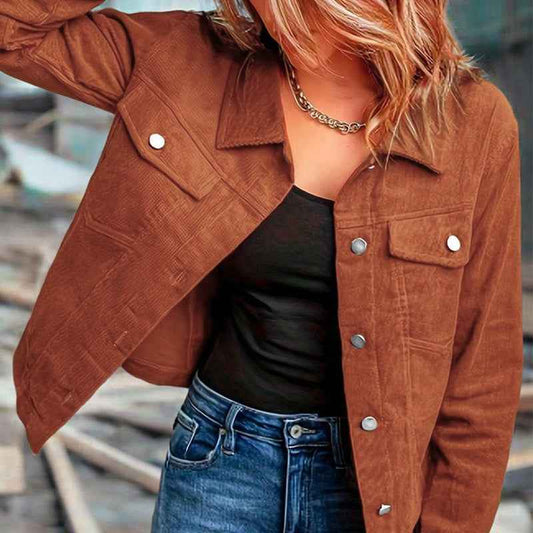Women's Corduroy Long Sleeve Jacket - Casual Button-Up Coat With Flap Pockets