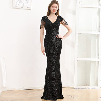 Sequined Slim Fit Slimming Long Dress Women Black GlamzKart